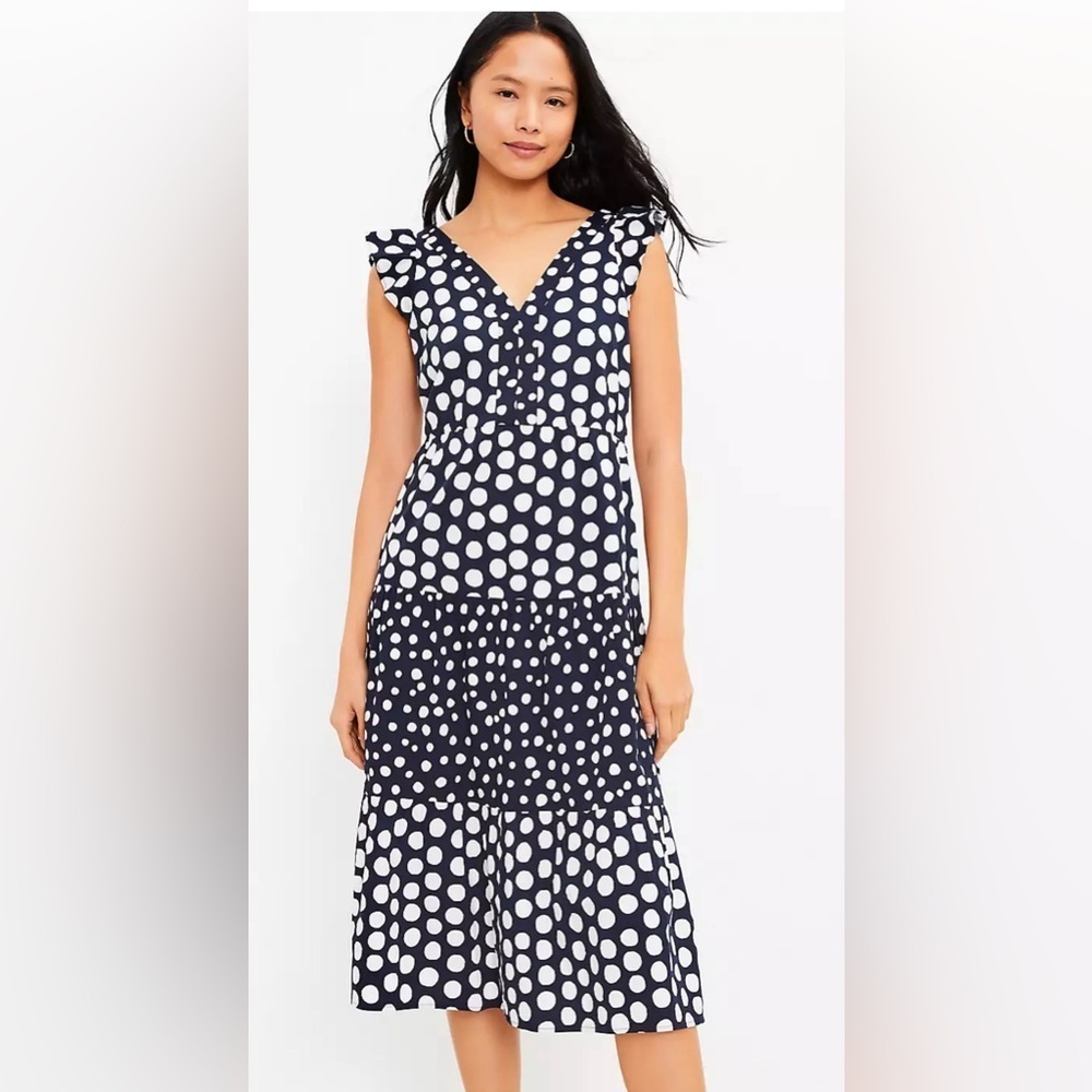 LOFT Blue and White Ruffled Midi Sundress